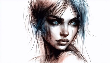Fototapeta premium Dry brush strokes create a fluid, almost ethereal image of a blue-eyed woman with avant-garde contours, sketch