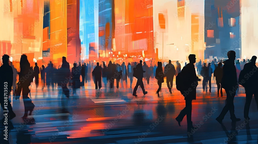 Poster vibrant silhouettes of a bustling urban metropolis at night with colorful lights reflections and a d