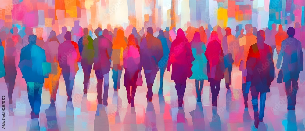 Poster vibrant silhouettes of a diverse group of people walking through a dynamic contemporary urban settin