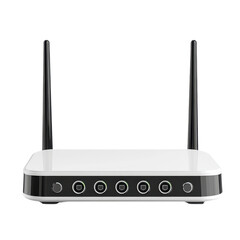 Modern wireless router, sleek white device with antennas, used for high-speed internet connection in home or office settings. Isolated on white background or PNG