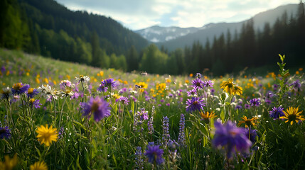 Fototapeta premium Vibrant Wildflower Meadow in Mountain Valley