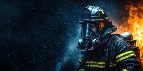 Obraz premium Brave Firefighter in Full Gear with Fire Hose on Black Background and Fire With Space for Text.