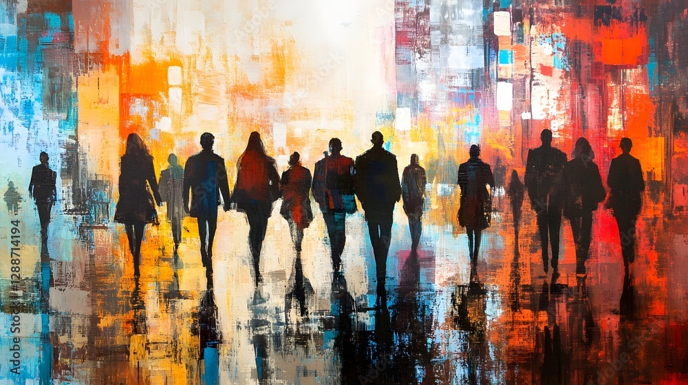Aufkleber vibrant silhouettes of bustling city commuters in a dynamic urban landscape blurred figures walking 