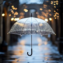 A clear umbrella filled with raindrops shines softly against a blurred background of twinkling lights.