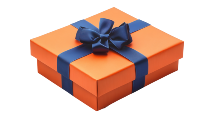 Orange gift box with blue ribbon, elegant present, festive celebration, holiday surprise packaging Isolated on white background or PNG