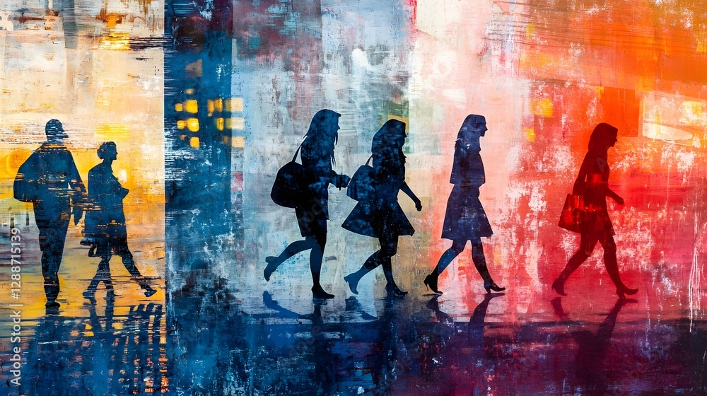 Aufkleber vibrant silhouettes of people walking in the rainy city night with colorful reflections and lights c