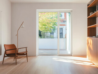 Fototapeta premium Warm sunlight streams into a cozy modern living space highlighting simplicity and comfort
