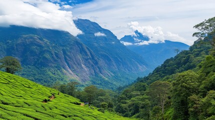 Fototapeta premium A lush green landscape features rolling hills, tea plantations, and majestic mountains under a blue sky, creating a serene and picturesque natural scene.