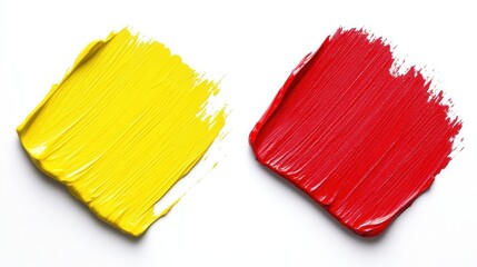 Bright yellow and red paint swatches on a white background, showcasing vibrant colors ideal for artistic projects.
