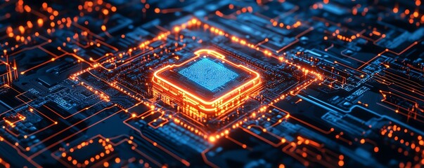 Closeup digital illustration of a circuit board with a glowing orange and blue padlock at the center