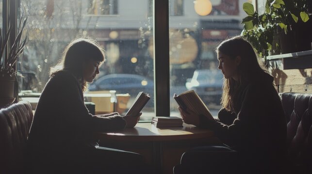 Gen Z friends enjoying a lazy Sunday afternoon at a coffee shop, reading books. Featuring relaxation and self-care