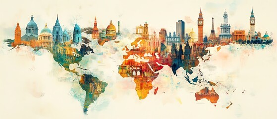 Obraz premium Creative world map illustration made from colorful cultural buildings and iconic landmarks, symbolizing global diversity and unity, ultradetailed, vibrant design, 8K resolution