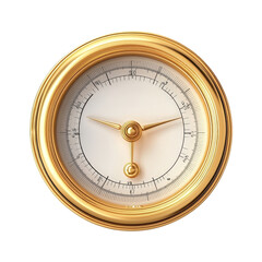 Gold clock with a white face displaying time on a wooden table in a bright room setting isolated on transparent background.