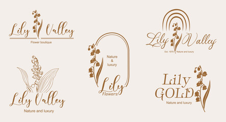 Vector luxury logo design set in trendy linear style with Lily of the Valley flowers. Golden line art logotypes on neutral background for beauty, florist emblem, jewelry, cosmetic packaging. © Creative_Juice_Art