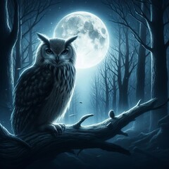 Owl Sitting on a Branch in Moonlight

