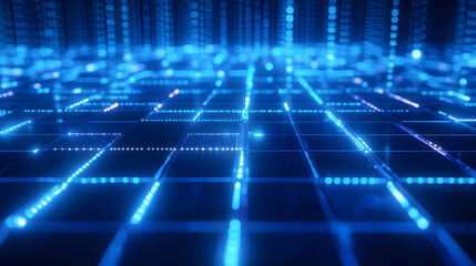 neon blue grid with soft depth of field and a glowing perspective effect 