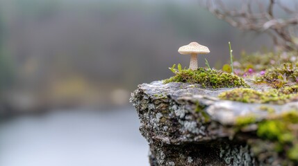 Solitary mushroom on mossy rock overlooking lake; nature background;  website banner