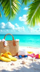 straw beach bag with white pom-poms, yellow sandals, a white sun hat with sunglasses, and colorful towel on soft white sand under palm leaves, turquoise ocean, summer vacation, travel, and relaxation