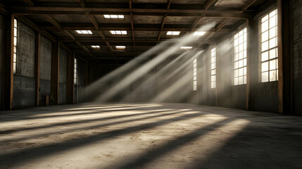 An empty industrial space with sun rays casting shadows across the floor, creating a moody, atmospheric setting for various uses.