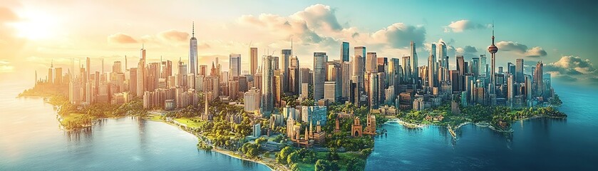 Fototapeta premium Futuristic world map composed of diverse, colorful buildings and cultural landmarks, representing each continent, highdefinition, architectural harmony, 8K UHD