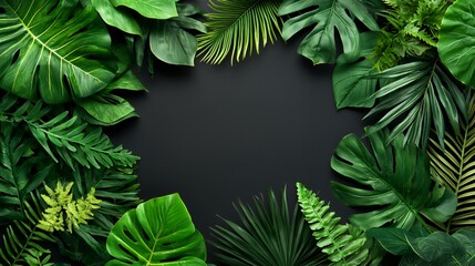 Lush Green Tropical Leaves Frame on Dark Background