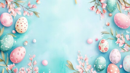 Colorful easter eggs and cherry blossoms on light blue background. Easter, Pascha, Paskha, Ostern, Pascua, Paques - Orthodox and Catholic Holiday celebration