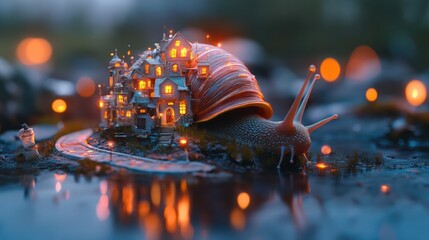 A microscopic city built on the back of a giant snail, detailed streets winding over the snail s shell, tiny glowing street lamps, magical realism style