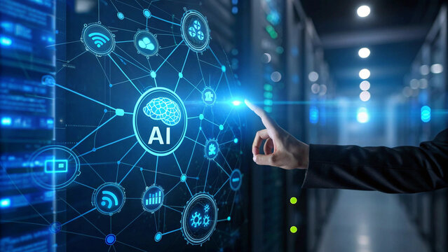 A person pointing at a digital interface with glowing blue light, featuring interconnected AI-related icons in a server room.