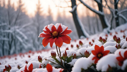 Red Flowers Standing In The Snow Against A Snowy Winter Forest