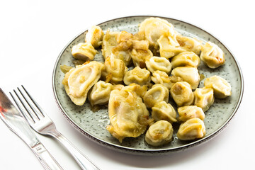 Homemade dumplings with fried onions on white background. Food concept