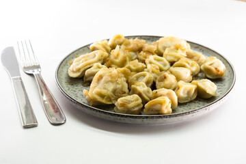 Homemade dumplings with fried onions on white background. Food concept
