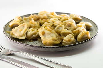 Homemade dumplings with fried onions on white background. Food concept