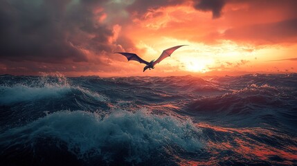 Obraz premium Dragon Soaring Over Turbulent Ocean Sunset