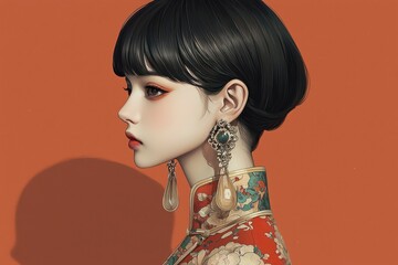 Elegant Asian Woman in Traditional Clothing, Digital Art Portrait