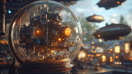 A tiny steampunk world inside a vintage lantern, gears and pipes, glowing orbs lighting the streets, floating airships above