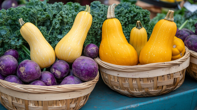 Canadian Farmers’ Market – Golden Butternut Squash, Purple Beets, and Green Kale on a Pastel Background for Food Blogs and Organic Lifestyle Designs