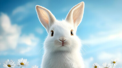 Obraz premium A charming white rabbit with long ears, posing amidst blooming daisies under a clear blue sky.