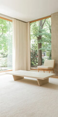 Fototapeta premium Contemporary living space with large windows showcasing natural greenery