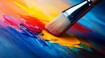 Obraz premium A close-up of a paintbrush blending vibrant colors on a canvas, showcasing creativity and artistic expression.