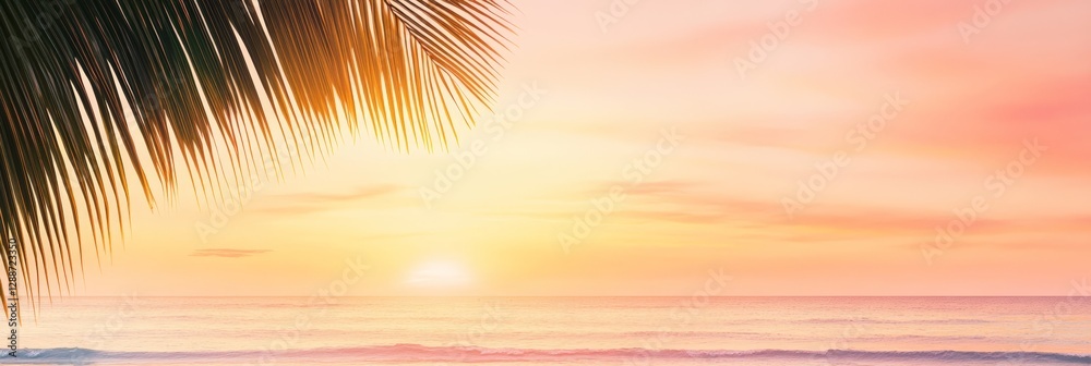 Poster capturing a serene sunset over a tranquil ocean, palm tree leaves frame a vibrant sky, creating a pi