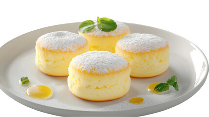 Fluffy Japanese cheesecake served on a white plate with honey and mint leaves, beautifully arranged