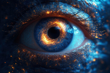  image of the human eye, where the iris looks like a cosmic landscape with galaxies and stars