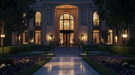 Obraz premium Elegant Mansion Entrance Illuminated At Night