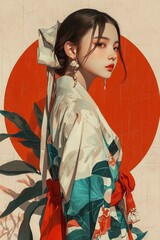 Elegant Woman in Traditional Japanese Kimono with Red Circle Background - Digital Art