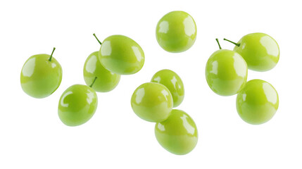 Fresh green grapes scattered on a white background, showcasing their glossy texture and natural shine