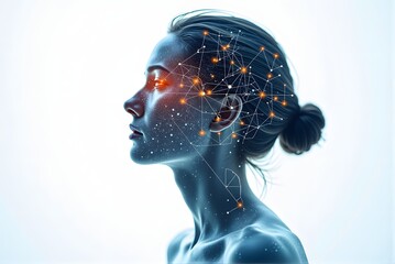 Profile Portrait of a Young Woman with Neon Light Effects and Digital Data Visualization