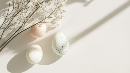 Minimalist spring decor with speckled easter eggs and delicate floral branches on a light background. Easter, Pascha, Paskha, Ostern, Pascua, Paques - Orthodox and Catholic Holiday celebration
