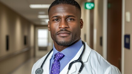 Young doctor in a hospital hallway wearing a stethoscope with a confident expression