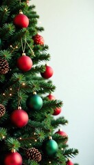 A decorated evergreen tree with colorful ornaments and garlands, holiday theme, pinecones, evergreen branches