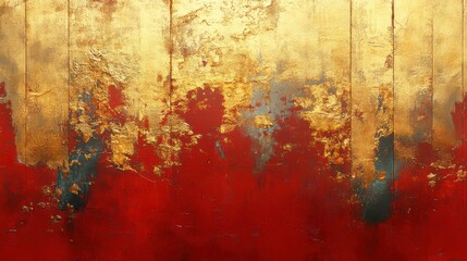 Gold textured painting with red and gray accents on vertical boards